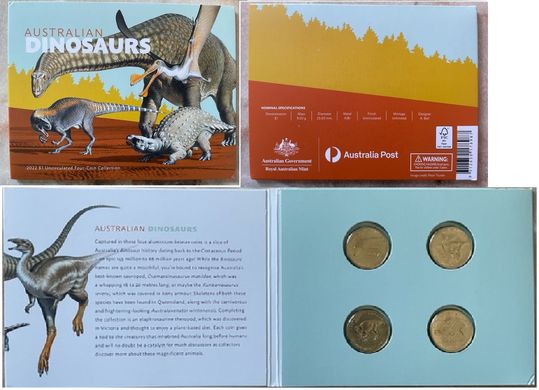 Австралія - ​​набір 4 монети x 1 Dollar 2022 - Динозаври - офіційний буклет - UNC