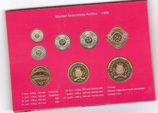 Netherlands Antilles - Mint set 7 coins 1 5 10 25 50 Cent 1 2 1/2 Gulden + token 1994 - in folder - UNC