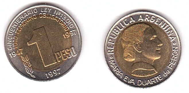 Аргентина - 5 шт х 1 Peso 1997 - Мария Эва Дуарте Перон - aUNC / UNC