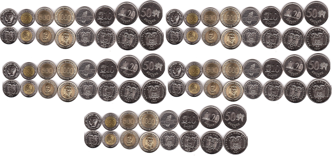Эквадор - 5 шт х набор 8 монет - 1 5 10 20 50 100 500 1000 Sucres 1988 - 1997 - UNC