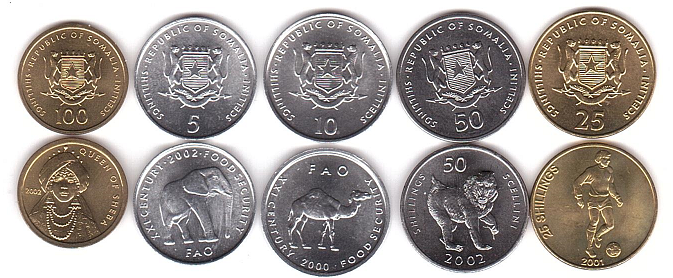 Somalia - set 5 coins 5 10 25 50 100 Shillings 2000 - 2002 - UNC