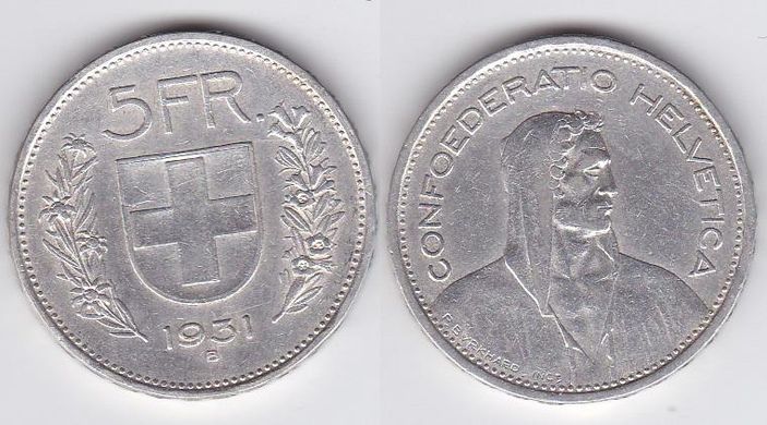 Швейцарія - 5 Franken 1931 - срібло - VF