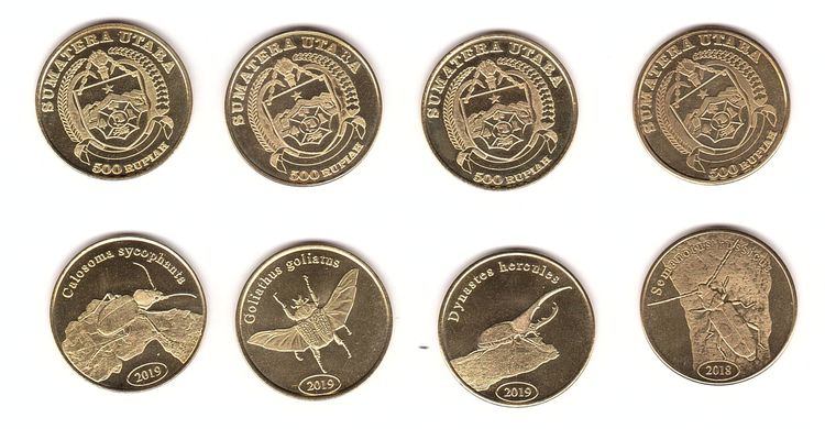 Fantasy - Sumatera Utara - набір 4 монети x 500 Rupiah 2018 - 2019 - Жуки / Beetles - UNC