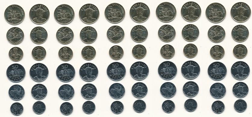 Swaziland / Eswatini - 5 pcs x set 6 coins 10 20 50 Cents 1 2 5 Emalangeni 2018 - 2021 - UNC