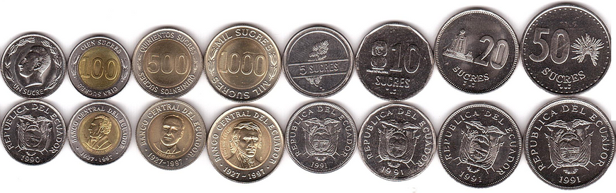 Ecuador - 5 pcs x set 8 coins - 1 5 10 20 50 100 500 1000 Sucres 1988 - 1997 - UNC