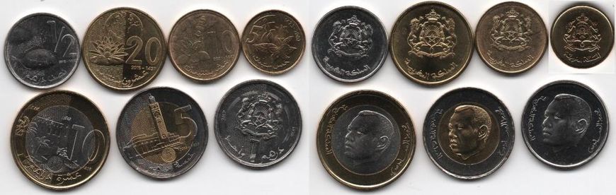 Morocco - 5 pcs х set 7 coins 5 10 20 Santimat 1/2 1 5 10 Dihrams 2002 - 2021 - UNC