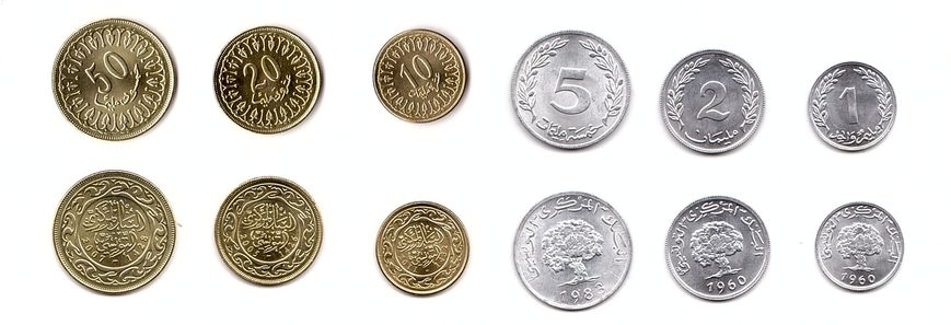 Туніс - набір 6 монет 1 2 5 10 20 50 Milim 1960 - 2007 - UNC