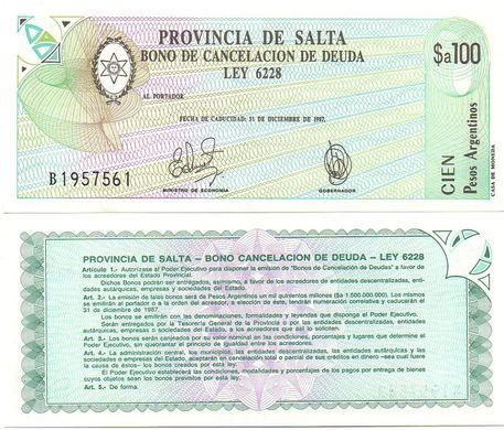Аргентина - 100 Pesos Argentinos 1987 Provincia Salta - UNC