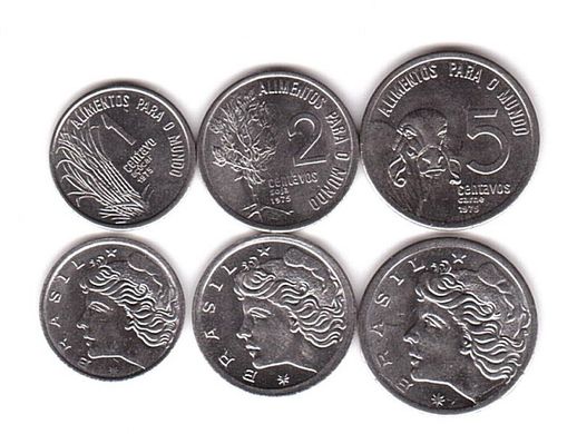 Бразилия - 5 шт х набор 3 монеты 1 2 5 Centavos 1975 - UNC / aUNC