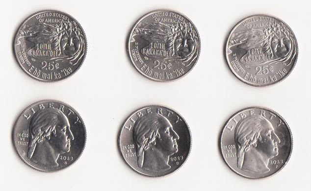 США - набір 3 монети x 1/4 (Quarter) Dollar (25 Cents) 2023 - P-D-S - Едіт Канакаоле / Edith Kanaka'ole - Американські жінки - UNC