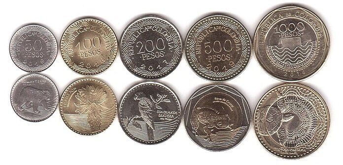 Колумбія - набір 5 монет 50 100 200 500 1000 Pesos 2016 - 2019 - UNC
