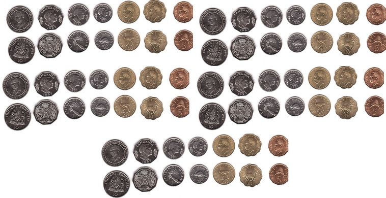 Танзания - 5 шт х набор 7 монет 5 10 20 50 Senti 1 5 10 Shilings 1976 - 1993 - UNC