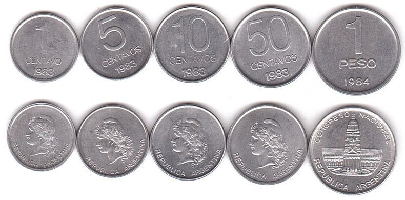 Argentina - set 5 coins 1 5 10 50 Centavos 1 Peso 1983 - 1984 - aUNC