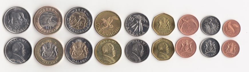 Malawi - #3 - 5 pcs x set 9 coins 1 2 5 10 20 50 Tambala 1 5 10 Kwacha 1996 - 2006 - UNC