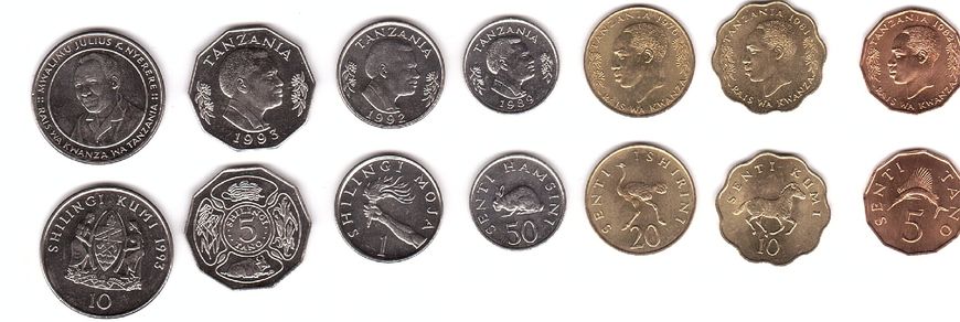 Танзанія - 5 шт х набір 7 монет 5 10 20 50 Senti 1 5 10 Shilling 1976 - 1993 - UNC