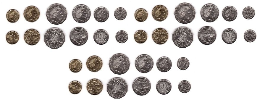 Австралия - 3 шт х набор 6 монет 5 10 20 50 Cents 1 2 Dollars 2011 - 2012 - UNC