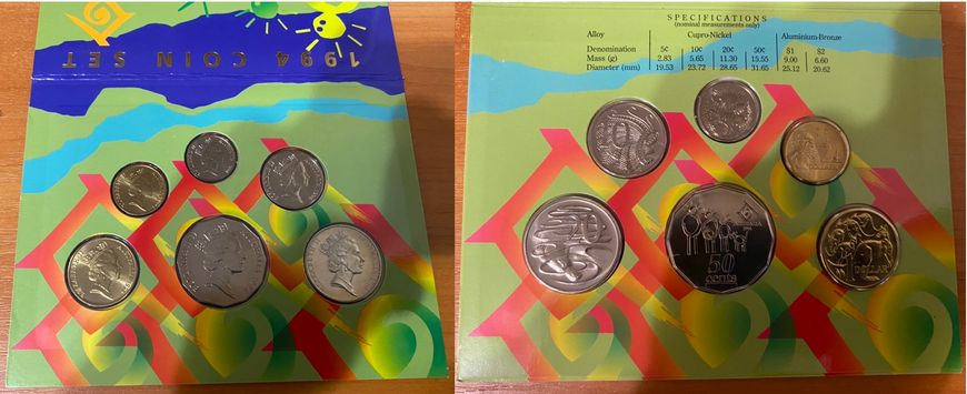 Австралия - Mint набор 6 монет 5 10 20 50 Cents 1 2 Dollars 1994 - in folder - UNC