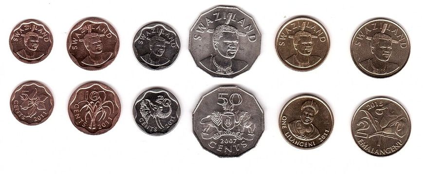 Swaziland - set 6 coins 5 10 25 50 Cents - 1 2 Emalangeni 2007 - 2015 - UNC