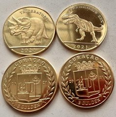 Fantasy - Curacao - Кюрасао - набор 2 монеты x 3 Gulden 2021 - Динозавры - желтый металл - UNC