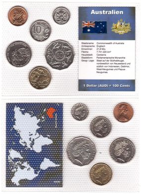 Австралия - набор 6 монет 2 5 10 20 50 Cents 1 Dollar 1980 - 2008 - в блистере - UNC