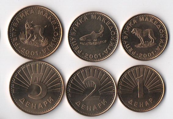 Македонія - набір 3 монети 1+2+5 Denari 2001 - UNC