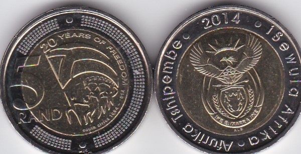 South Africa - 5 Rand 2014 Comm. 20 Years Freedom bimetall - UNC