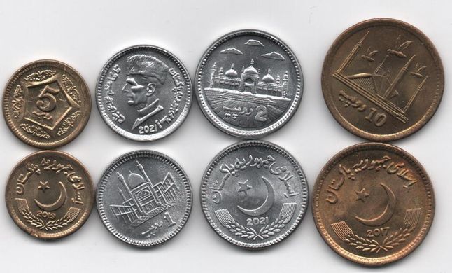 Пакистан - 5 шт x набор 4 монеты 1 2 5 10 Rupees 2017 - 2021 - aUNC / UNC