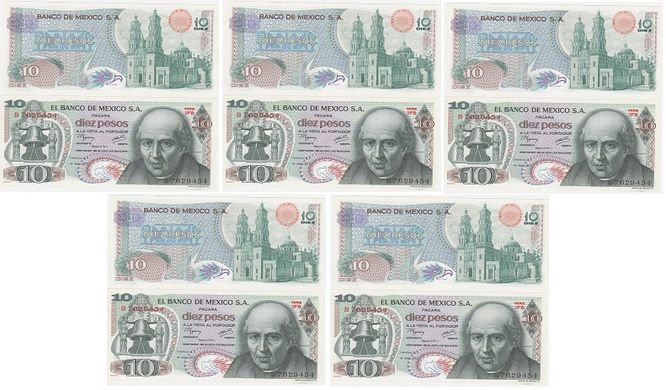 Mexico - 5 pcs x 10 Pesos 1977 - P. 63 - UNC