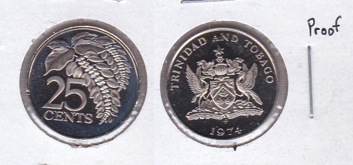 Тринидад и Тобаго - 25 Cents 1974 - в холдере - Proof