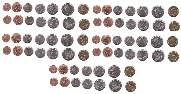 Фиджи - 5 шт х набор 7 монет 1 2 5 10 20 50 Cents 1 Dollar 1995 - 2009 - UNC