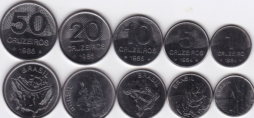 Бразилия - 5 шт х набор 5 монет - 1 5 10 20 50 Cruzeiros 1984 - 1985 - UNC