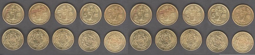 Seychelles - 10 pcs x 5 Cents 2003 - there are black points - XF