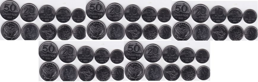 Бразилия - 5 шт х набор 5 монет - 1 5 10 20 50 Cruzeiros 1984 - 1985 - UNC
