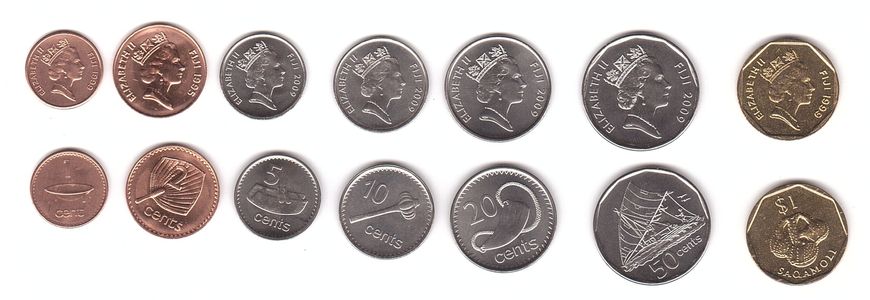 Fiji - 5 pcs x set 7 coins 1 2 5 10 20 50 Cents 1 Dollar 1995 - 2009 - UNC
