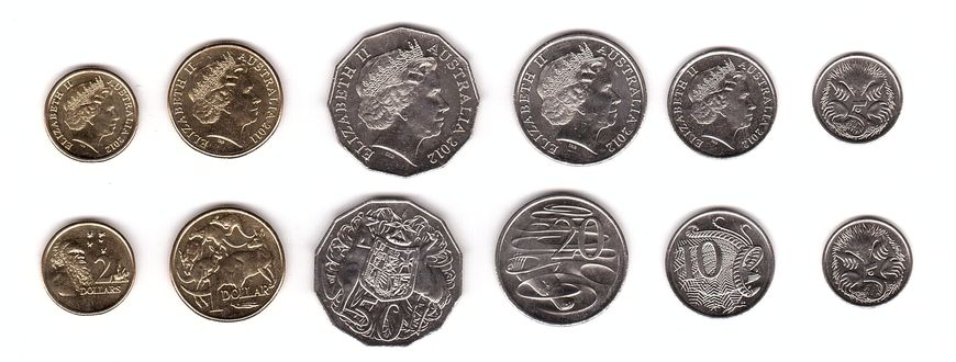 Австралия - набор 6 монет 5 10 20 50 Cents 1 2 Dollars 2011 - 2012 - UNC