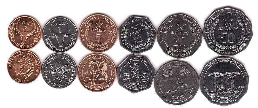 Мадагаскар - набор 6 монет 1 2 5 10 20 50 Ariary 1996 - 2016 - UNC