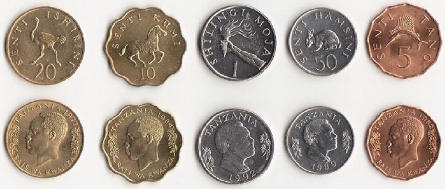 Танзанія - 5 шт х набір 5 монет 5 10 20 50 Senti 1 Shiling 1977 - 1992 - UNC