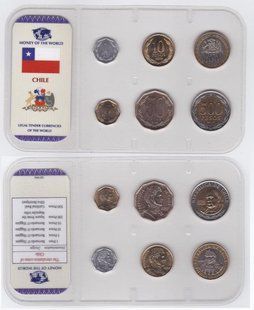 Чилі - набір 6 монет 1 5 10 50 100 500 Pesos 2008 - 2012 - у пластику - UNC / aUNC
