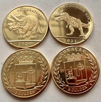 Fantasy - Curacao - Кюрасао - 5 шт х набор 2 монеты x 3 Gulden 2021 - Динозавры - желтый металл - UNC