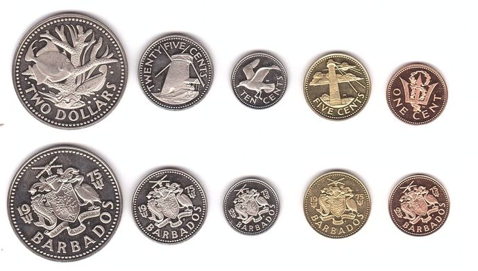Барбадос - набор 5 монет 1 5 10 25 Cents 2 Dollars 1975 - UNC