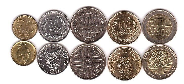 Колумбія - набір 5 монет 20 50 100 200 500 Pesos 1994 - 2010 - UNC