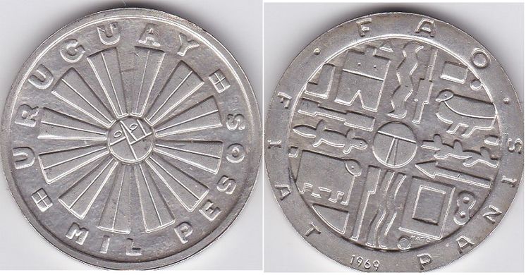 Уругвай - 1000 Pesos 1969 - FAO - срібло - XF+