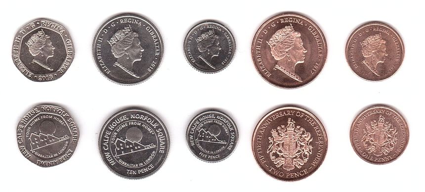 Gibraltar - 5 pcs x set 5 coins 1 2 5 10 20 Pence 2017 - 2018 - comm. - UNC