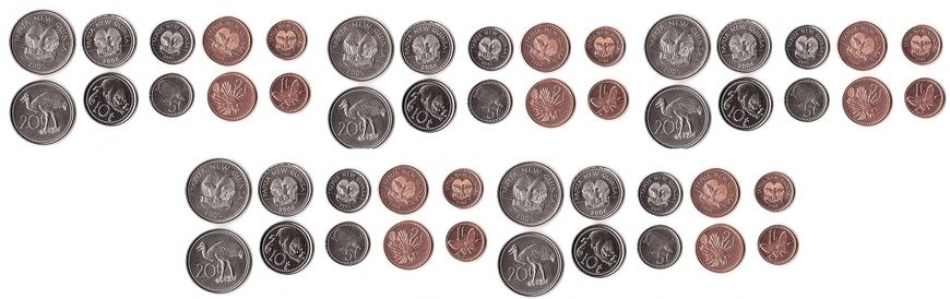 Папуа - Новая Гвинея - 5 шт х набор 5 монет 1 2 5 10 20 Toea 2004 - 2006 - UNC
