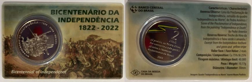 Brazil - 2 Reals 2022 - 200 years of independence, Horse - colored enamel in folder - UNC