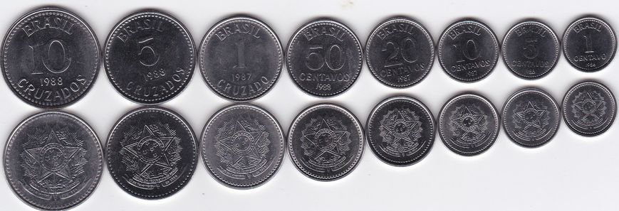 Бразилія - ​​5 шт х набір 8 монет - 1 5 10 20 50 Centavos 1 5 10 Cruzeiros 1986 - 1988 - UNC