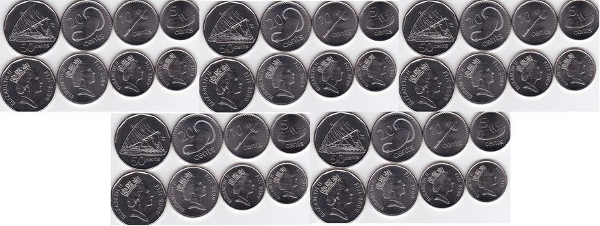Фіджі - 5 шт х набір 4 монети 5 10 20 50 cents 2009 - 2010 - UNC
