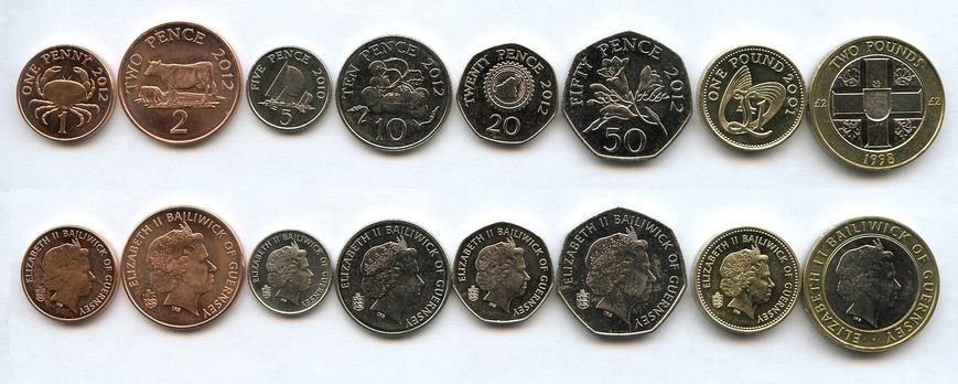 Гернсі - набір 8 монет 1 2 5 10 20 50 Pense 1 2 Pounds 1998 - 2012 - UNC