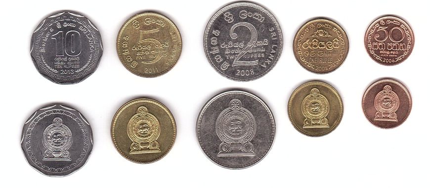 Шри Ланка - набор 5 монет 50 Cents + 1 2 5 10 Rupee 2006 - 2013 - aUNC