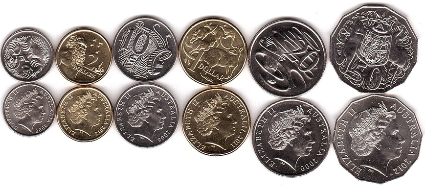 Австралия - набор 6 монет 5 10 20 50 Cents 1 2 Dollars 2000 - 2012 - UNC